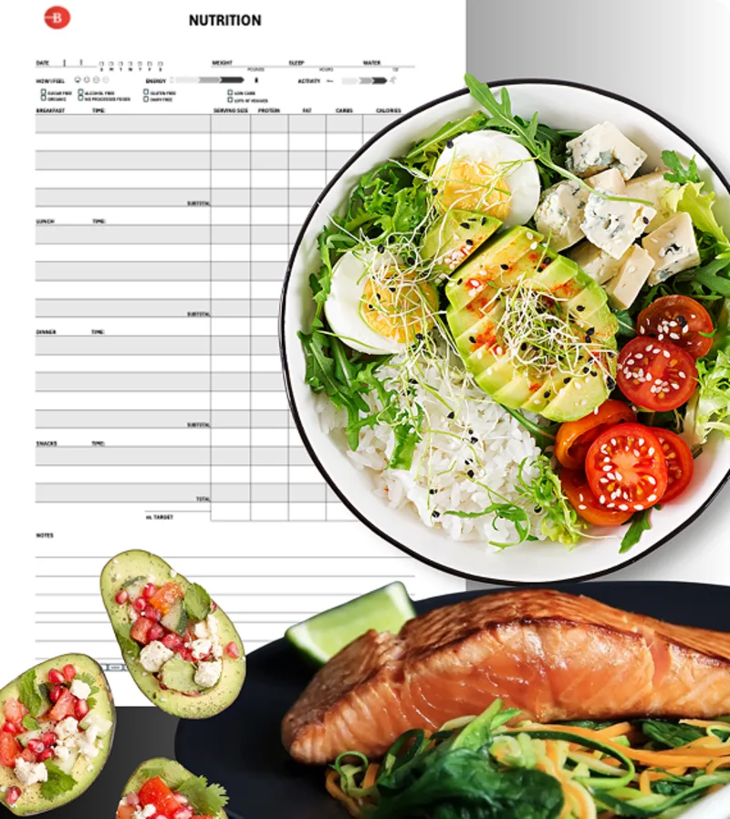 A B Fitness nutrition log beside a salad bowl and salmon