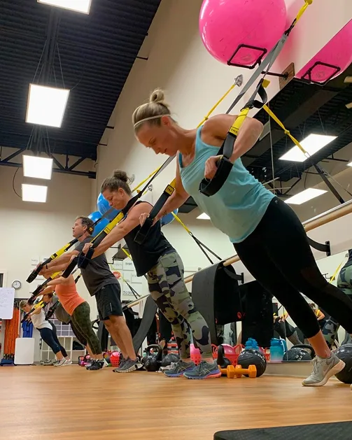 A TRX group on the suspension straps